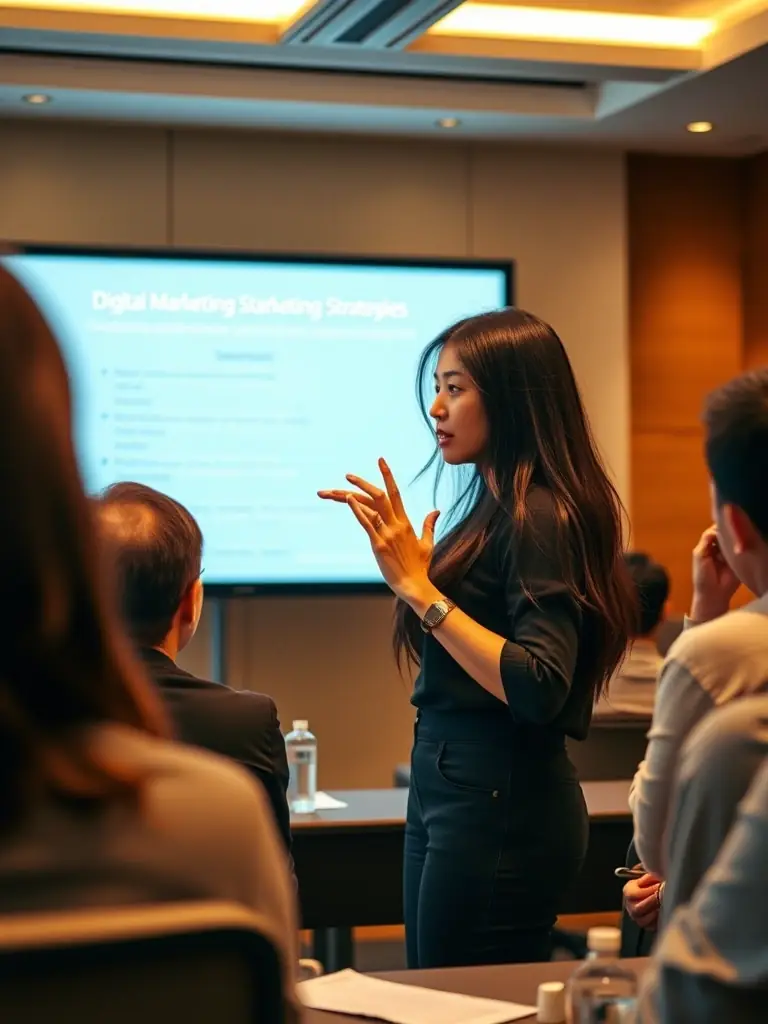 A dynamic image of Professor Emily Chen, an expert in sustainable technologies, presenting her research at a conference, emphasizing her contributions to environmental sustainability.