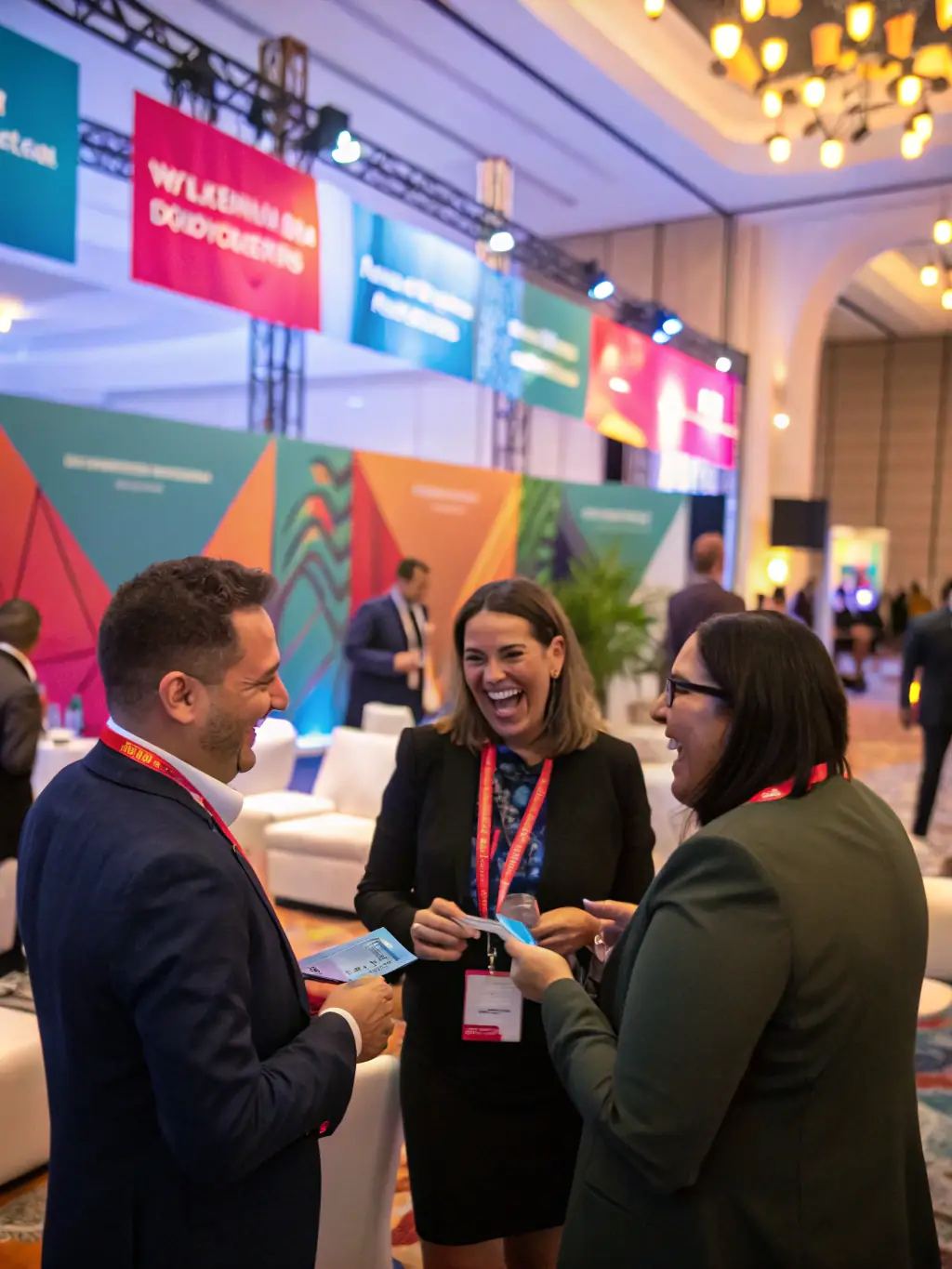 A photograph of a networking event at the Innovate UK conference, showing attendees engaging in conversations and exchanging business cards.